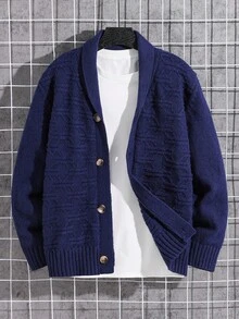 SHEIN Tween Boy Casual Loose Knit Cardigan With Single-Breasted Design, Long Sleeve Boys Kids Boys Teen Boys First Day Of School Tween Boys Mommy And Me For Kid S Winter Autumn - Navy Blue - View 3