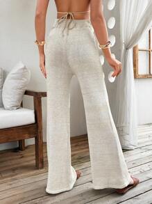 EURMUSE Quần ống rộng dệt kim trơn Lurex bóng thanh lịch - Màu be - Xem 2