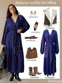 Florisole 女式秋季花卉刺绣装饰纽扣休闲连衣裙，秋季服装 - 藍色 - 查看 1