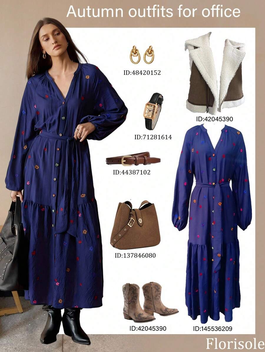 Florisole 女式秋季花卉刺绣装饰纽扣休闲连衣裙，秋季服装 - 藍色 - 查看 1