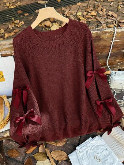 Firerie 大码宽松针织毛衣，镂空蝴蝶结装饰，大码可爱秋季套头衫，米色秋季毛衣，酒红色毛衣，女士红色毛衣，蝴蝶结套头毛衣/冬季