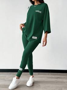 Mulvari 2 件套女士夏季字母印花超大 T 恤和裤子休闲装 2 件套 - 墨綠色 - 查看 7