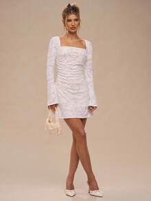 SHEIN BAE Autumn And Winter Women's Birthday Party Outfit White Knitted 3D Floral Square Neck Long Sleeve Tight A-Line Mini Dress,Elegant Wedding Dresses,Autumn/Winter Dress ,New Year Dress,Party Dress ,White Dress, - White - View 8