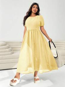 SHEIN EZwear EZwear Plus 浅黄色圆领短袖夏季度假连衣裙 - 黃色 - 查看 5