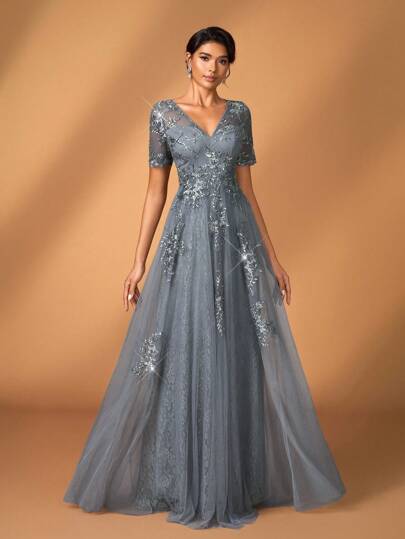 Serin Elegant Romantic Luxurious Gray Sequin Embroidery V-Neck 3/4 Sleeve Mesh Hem Luxury Applique Design, Suitable For Evening Party, Singles Party, Date, Music Festival, Dance, Wedding, Bridal, Mother Of The Bride Dress Gown Gown, Valentine's Day