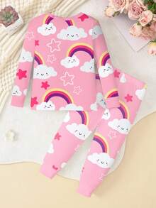 SHEIN 2pcs Baby Girls' Cute Rainbow Cloud Star Print Knitted Elastic Fabric Round Neck Long Sleeve Pajama Set, Snug Fit Tight Fit Pajamas Fall Winter - Multicolor - View 2