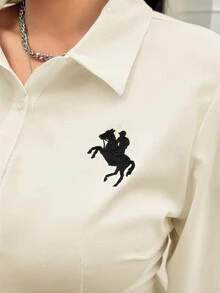 SHEIN EZwear Áo sơ mi dài tay ôm vừa vặn thời trang công sở đa năng dành cho nữ cỡ lớn - Màu be - Xem 6