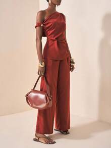 Zivah Rust Brown Summer Elegent Party Women's 2 Pieces Set,Asymmetric Shoulder Metallic Decor Pleated Top And Wide Leg Pants,Glossy Textured Fabric Outfit - Brown - View 5