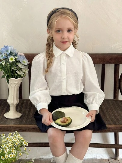 Blossori LMoss 年轻女孩编织纯色荷叶边下摆休闲衬衫女童衬衫长袖女童白色衬衫小女孩衬衫儿童返校女童长袖衬衫女童翻领衬衫女童水手衬衫儿童衬衫儿童返校小女孩衬衫学校上衣可爱学校上衣返校上衣校服女孩，秋季服装，长袖