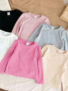 SHEIN LMoss Kids LMoss 年轻女孩休闲基础款纯色针织弹力长袖汗衫上衣多件 6 件套，非常适合秋冬季休闲日常穿着和上学日常，必备百搭，妈妈和女儿搭配，姐妹和我搭配， - 粉色 - 查看 3