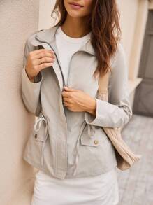 Hanevo 女式纯色翻领拉链运动休闲修身轻便夹克，秋冬 - 淺灰色 - 查看 6