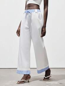 Lumivelle Plaid Striped Patchwork Casual Women's Design Sense Loose Straight Wide Leg Pants, Comfortable For Going Out, Dating, Commuting, Versatile All White Casual Outfits Spring Clothes For University Fall Cloth For Women