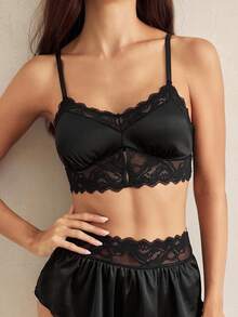 Charlaine French Style Black Lace Patchwork Solid Color Women's Bra - Black - View 4