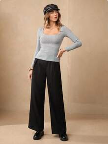 Wildy Square Neck Ribbed Grain Fabric Knit Tee - Grey - View 2