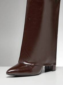 SHUZIA Botas altas hasta la rodilla con punta puntiaguda, tacón de bloque y correa con brillo para mujer - Marrón Chocolate - Ver 7