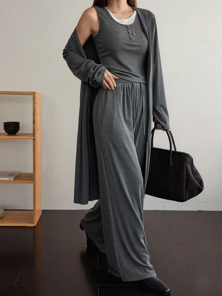 3pcs Women Solid Color Basic Camisole, Long Cardigan And Straight Leg Casual Pants Set, Loose Fit Business Casual Outfit For Home Or Outdoor Wear, Autumn/Winter