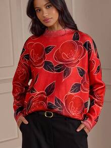 Lilora Red Floral,Autumn,Elegant,Family Casual Print Long Sleeve Sweater,Super Soft Graphic Rose Emory Rose Retro Chic Modest Formal Event Party Date Night - Multicolor - View 2