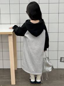 DAZY Váy dài vừa phải họa tiết khối màu phong cách Hàn Quốc cho bé gái mùa thu đông - Xám - Xem 2