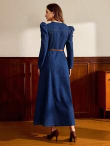 Vintamour Women's Fashion Casual Leg-Of-Mutton Sleeve Heart Collar Denim Dress Long Sleeve Denim Dress Denim Maxi Dress Blue Jean Dress Button Down Denim Dress Denim Dress With Puff Sleeves Puff Sleeve Denim Dress Denim Dress With Buttons Blue Jean Dresses For Women - Dark Wash - View 2
