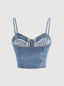 SHEIN MOD 女士拉链领休闲牛仔吊带背心 - 中等水洗藍 - 查看 2