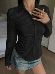 少女黑色修身弧形下摆图案衬衫、条纹衬衫、学院风衬衫、黑色衬衫、百搭百搭衬衫、少女衬衫 - 黑色 - 查看 4