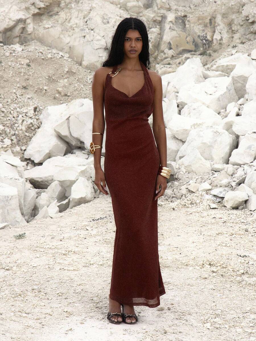 MUSERA Đầm maxi dáng suông, cổ yếm, cổ đổ, khoét sâu phía trước, thích hợp cho các dịp đi chơi tối, thanh lịch, mùa thu, hè, kỳ nghỉ, lễ tốt nghiệp. - Màu Đỏ Sâu - Xem 1