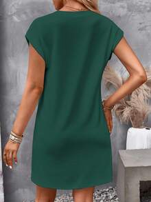 SHEIN LUNE Women's Solid Color Button Decor Round Neck Short Sleeve Casual Dress - Dark Green - View 2