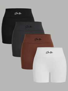 SHEIN EZwear 4 件套休闲简约字母印花短款高腰紧身打底裤，大码女款，适合夏季 - 彩色 - 查看 1