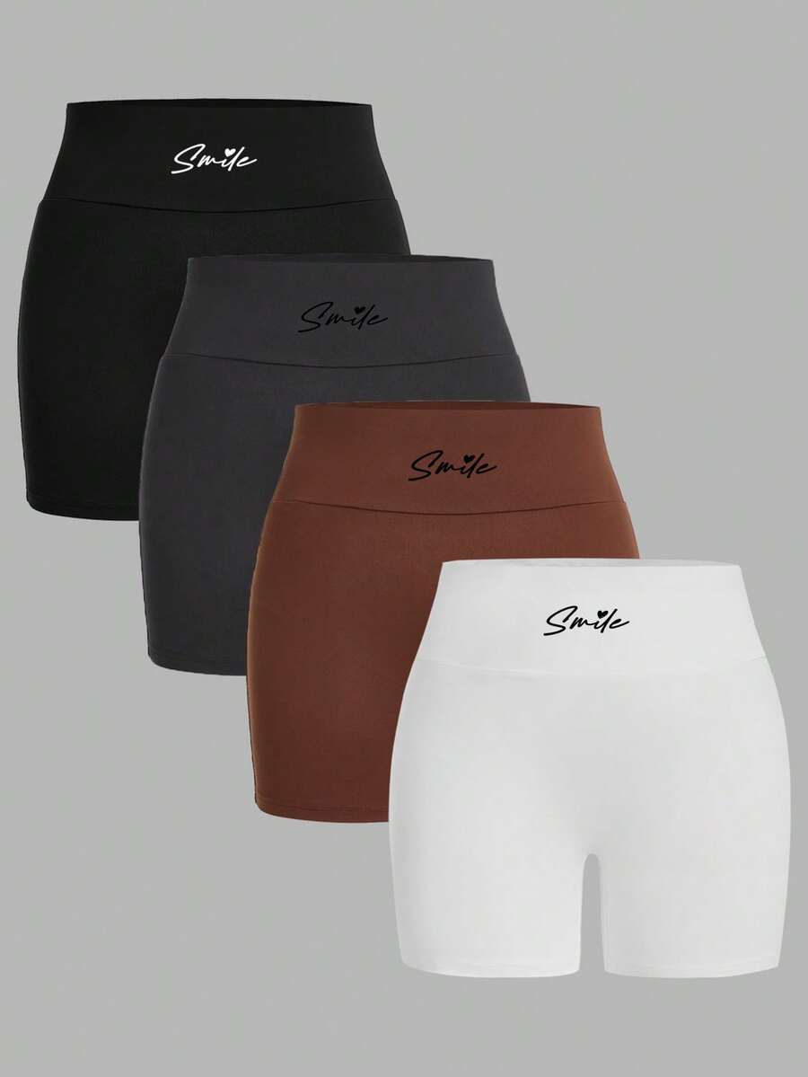 SHEIN EZwear 4 件套休闲简约字母印花短款高腰紧身打底裤，大码女款，适合夏季 - 彩色 - 查看 1