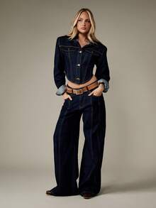 MISSGUIDED Jachetă de denim pentru femei, stil camioneta, scurtă, cu umeri, cu nasturi în față, spălare închisă, inspirată din stilul vintage, toamnă-iarnă - Albastru marin - Vizualizare 5