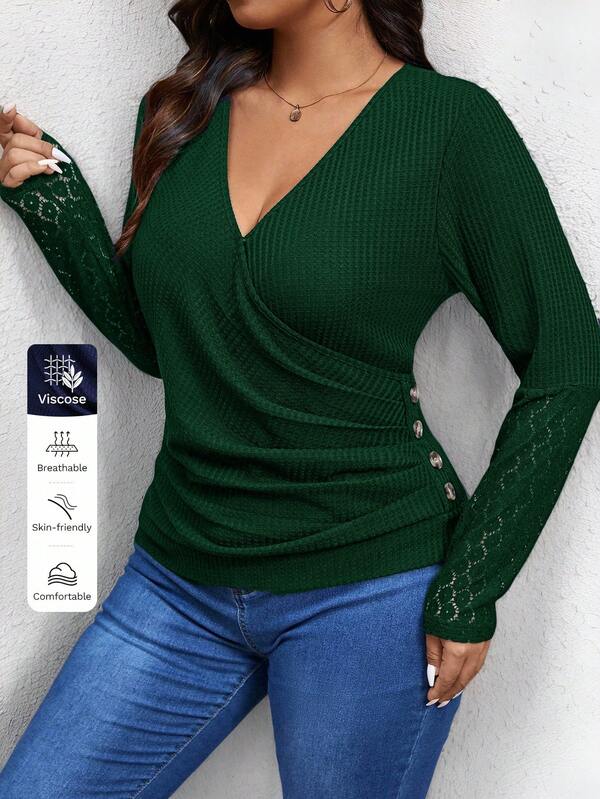 SHEIN Frenchy Plus Size Women's Fall ,Solid Color Overlapping V-Neck Ruched Contrast Lace Long Sleeve T-Shirt, Spring & Summer, Fall Women Outfits