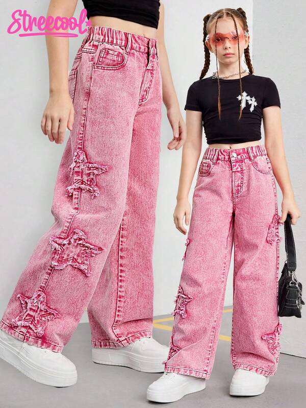 SHEIN Streecool Kids Tween Girls Y2K Style Star Embroidered Flare Leg Denim Jeans, Fashionable Streetwear Casual Chic Must-Have Versatile Item For Girls Summer Holiday