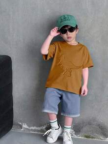 2件套男童恐龙压纹牛仔短裤套装 - 卡其色 - 查看 1