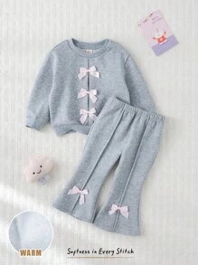 Cozy Pixies 2pcs Baby Girl Bow Decor Crew Neck Long Sleeve Sweatshirt And Elastic Waist Pants Set Fall Winter - Multicolor - View 6