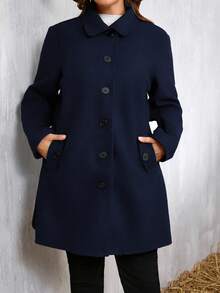 Áo khoác ngoài màu xám một hàng khuy cỡ lớn dành cho nữ, Thu/Đông - Màu xanh hải quân - Xem 4