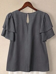 Linhara 大码女式纯色圆领双层袖短袖休闲衬衫，休闲时尚百搭褶皱夏季假日女士衬衫 - 灰色 - 查看 2