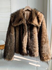 Muchica Plus Size Casual Turndown Collar Open Front Faux Fur Coat Winter Fall Autumn - Brown - View 8
