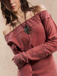 Easelle Women's Vintage Wash Water Bohemian Persimmon Red Off Shoulder Long Sleeve Knitted Women T-Shirt Fall Winter Women Clothes Off The Shoulder Tops