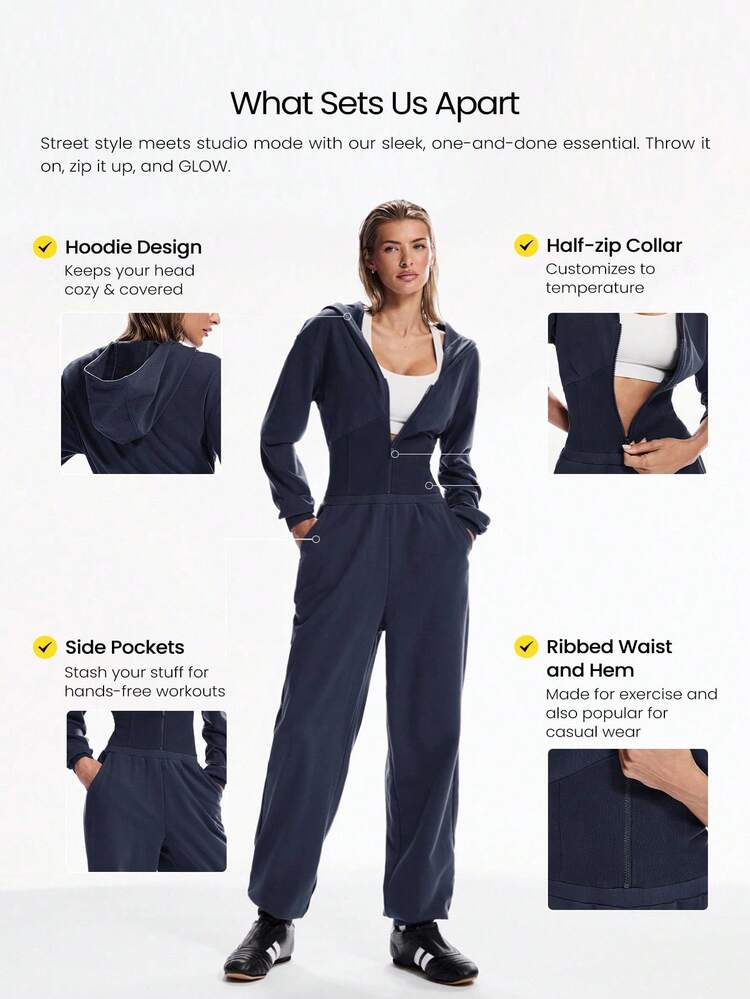24" Everyday Terry Off-Duty Ribbed Waist Hem Zip-Up Hoodie Jumpsuit Bodysuit With Side Pockets Daily Casual Wear  Spring Summer