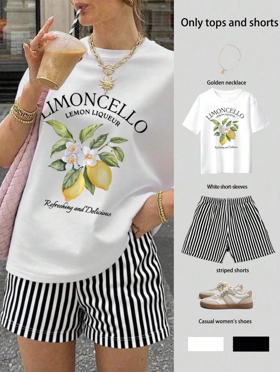 SHEIN 女士夏季字母和柠檬印花圆领短袖T恤和条纹短裤休闲两件套 - 黑色 - 查看 1