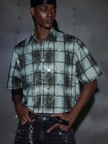 NEON BLANC Men's Short Sleeve Casual Blue Plaid Rhinestone Embellished Shirt, Suitable For Halloween - Blue - View 5