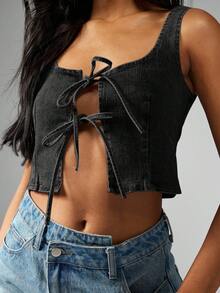 MISSGUIDED Lace Up Front Denim Crop Top Y2K Fashion Festival Grunge Style Streetwear Corset Tank Top Summer Spring Sleeveless Cut Out Design - Black - View 4