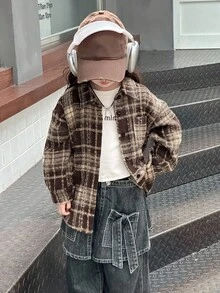 DAZY 少女格纹休闲长袖百搭夹克 秋冬 - 駝色 - 查看 3