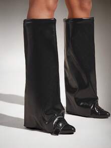 SHUZIA Women's Fashionable Sexy Point Toe Folded Hidden Wedge Boots - Black - View 2