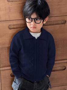 SHEIN 男童休闲扭花前拉链针织开衫 - 藏蓝色 - 查看 7