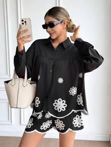 SHEIN Frenchy Damen Mode Lässig Blumen Muster Hemd & Shorts 2 Stücke Set