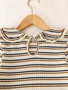 少女时尚针织条纹提花高领长袖T恤上衣，秋冬 - 杏色 - 查看 5