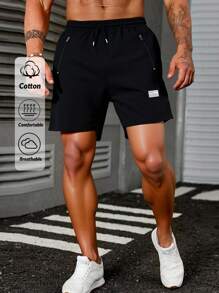 RueChic Men Drawstring Waist Zipper Pocket Patched SS Fashion Shorts Regular Short Gift For Boyfriend - Black - View 1