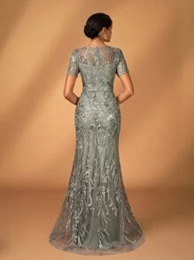 Serin 优雅奢华刺绣蕾丝亮片花卉图案泡泡珍珠透视袖连衣裙，适合婚礼、派对、度假、舞会、晚礼服、新娘母亲 - 灰色 - 查看 3