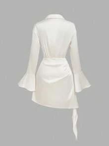 SHEIN MOD Women's Pleated Elegant Apricot Crepe Ruffle Collar Bell Sleeve Blouse,Fall/Winter,Western Wear Women,2000s Style,Western All White Party Outfits For Women,Vintage ,Winter All White Party Outfit For Women,Off The Shoulder ,Airport All White Party Outfit For Women,Halloween Costumes,Teacher All White Party Outfits For Women,Office All White Party Outfits For Women,Satin Dress,Elegant Dresses For Women - Apricot - View 2